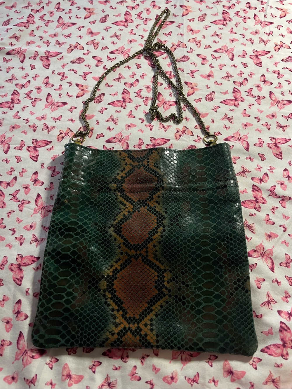 Free People Green and Brown Snake-Print Shoulder Bag with Gold Chain